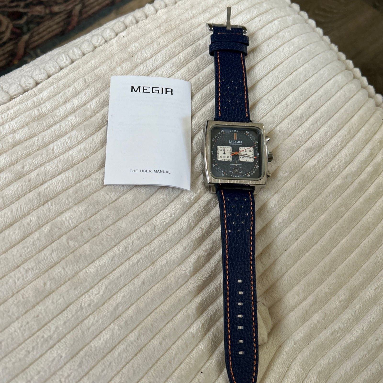 MEGIR Chronograph Square Watch Blue Leather Strap 3