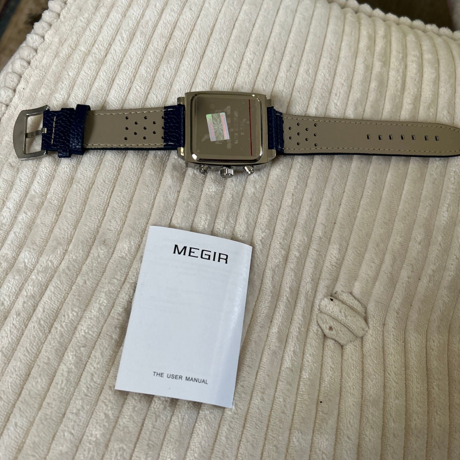 MEGIR Chronograph Square Watch Blue Leather Strap 4
