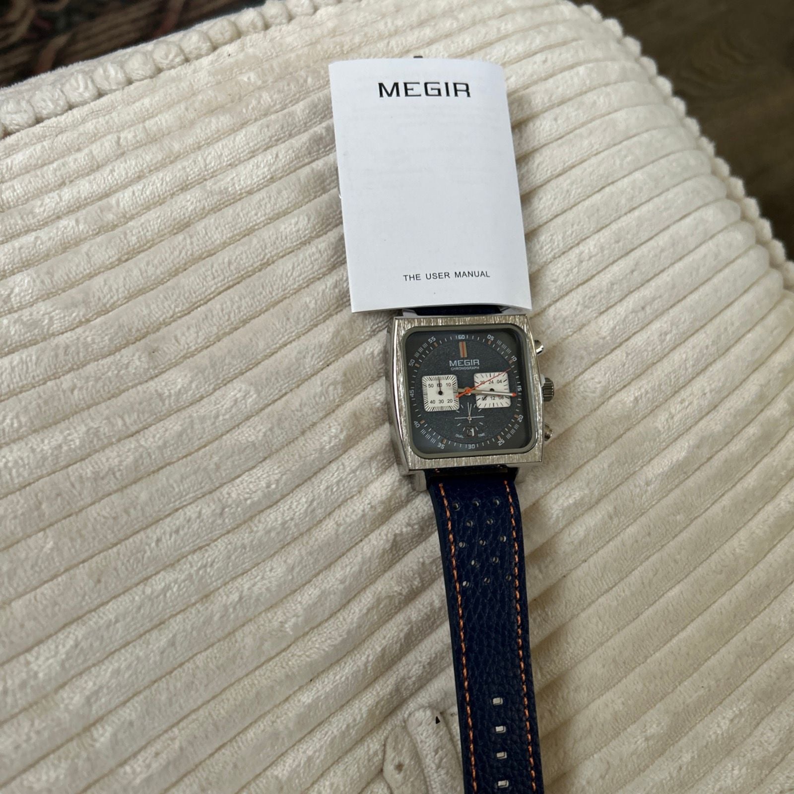MEGIR Chronograph Square Watch Blue Leather Strap 5