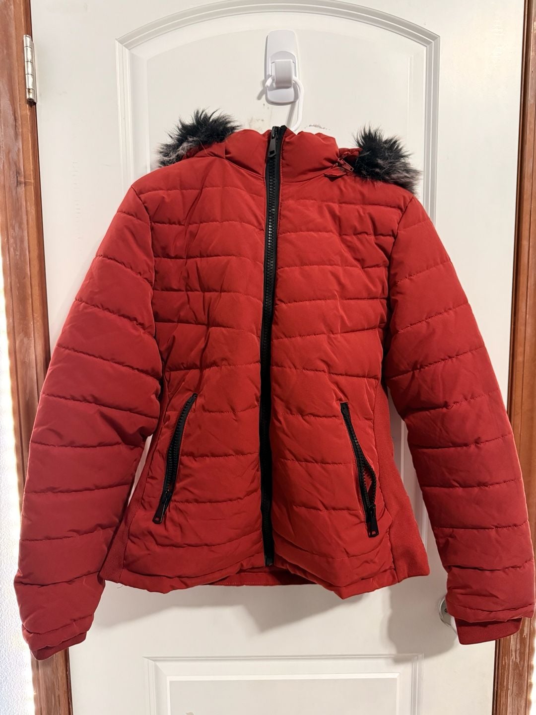 YMI Puffer Jacket Size L Red Faux Fur Hood Quilted Coat 2