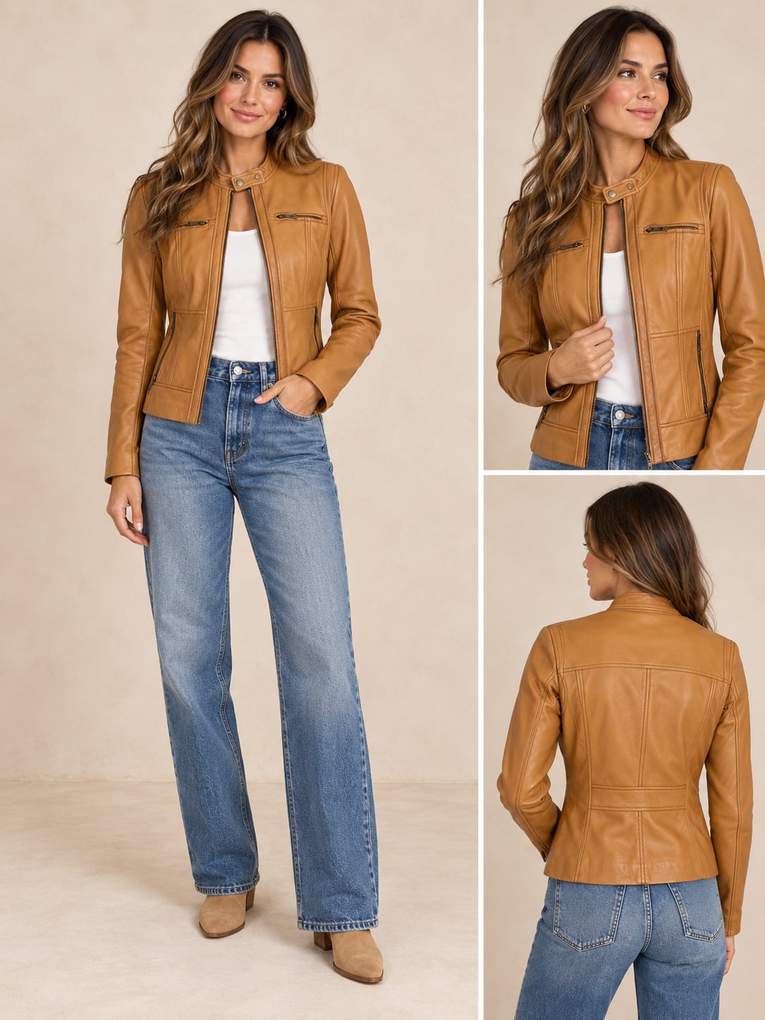 MICHAEL Michael Kors 100% Genuine Leather Moto Jacket Size Medium Cognac Tan 2