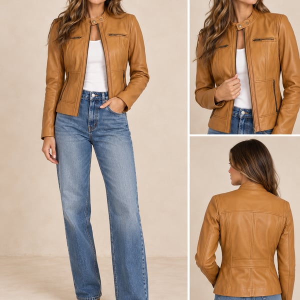 MICHAEL Michael Kors 100% Genuine Leather Moto Jacket Size Medium Cognac Tan