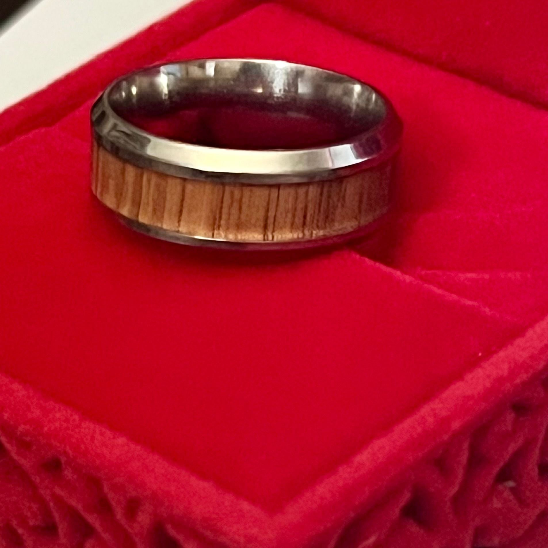 Tungsten Red Oak Wood Inlay Titanium Steel 6mm Band Size 6 6