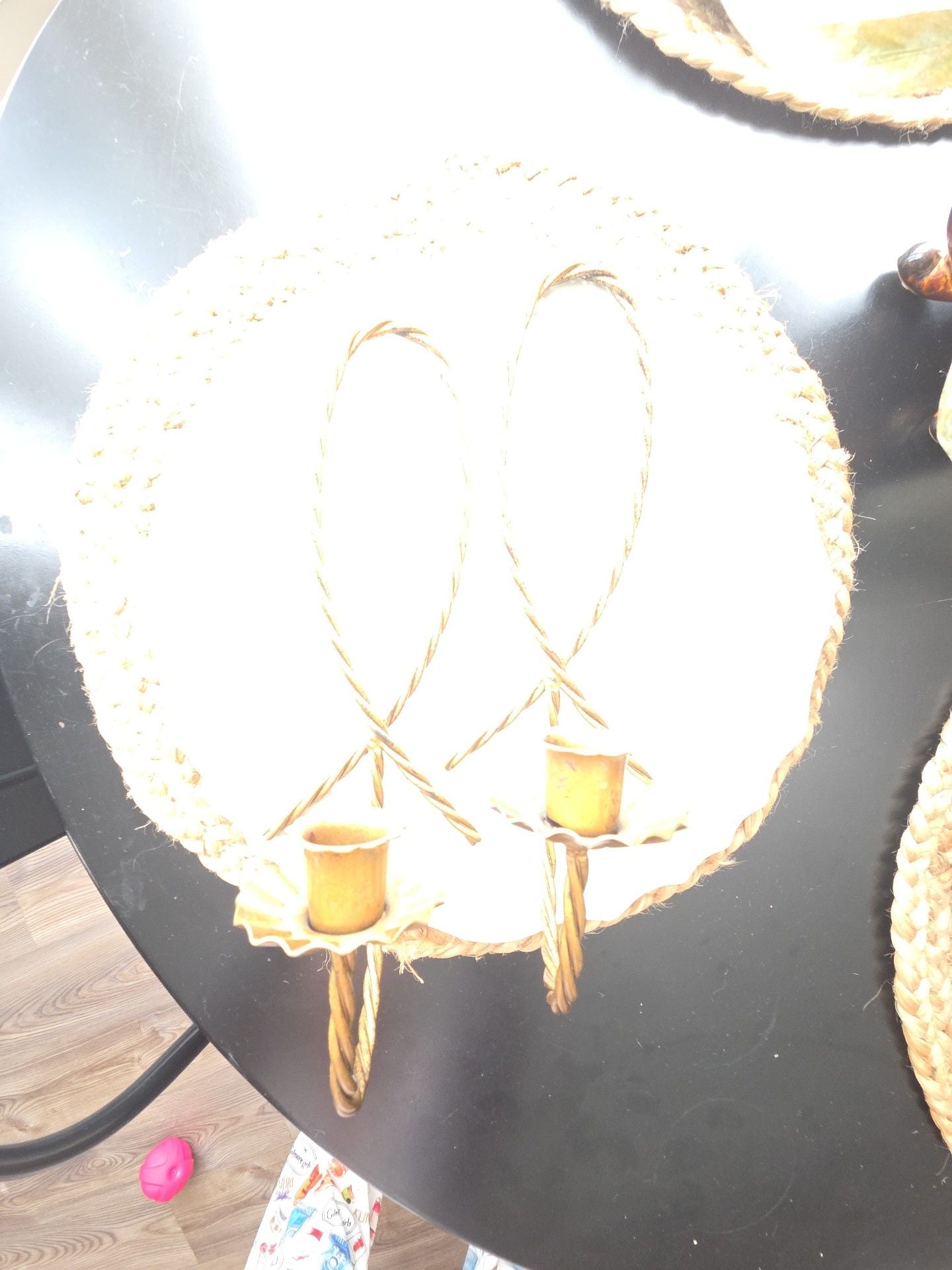 Vintage Gold Tone Twisted Rope Metal Wall Sconce Candle Holder Pair 3