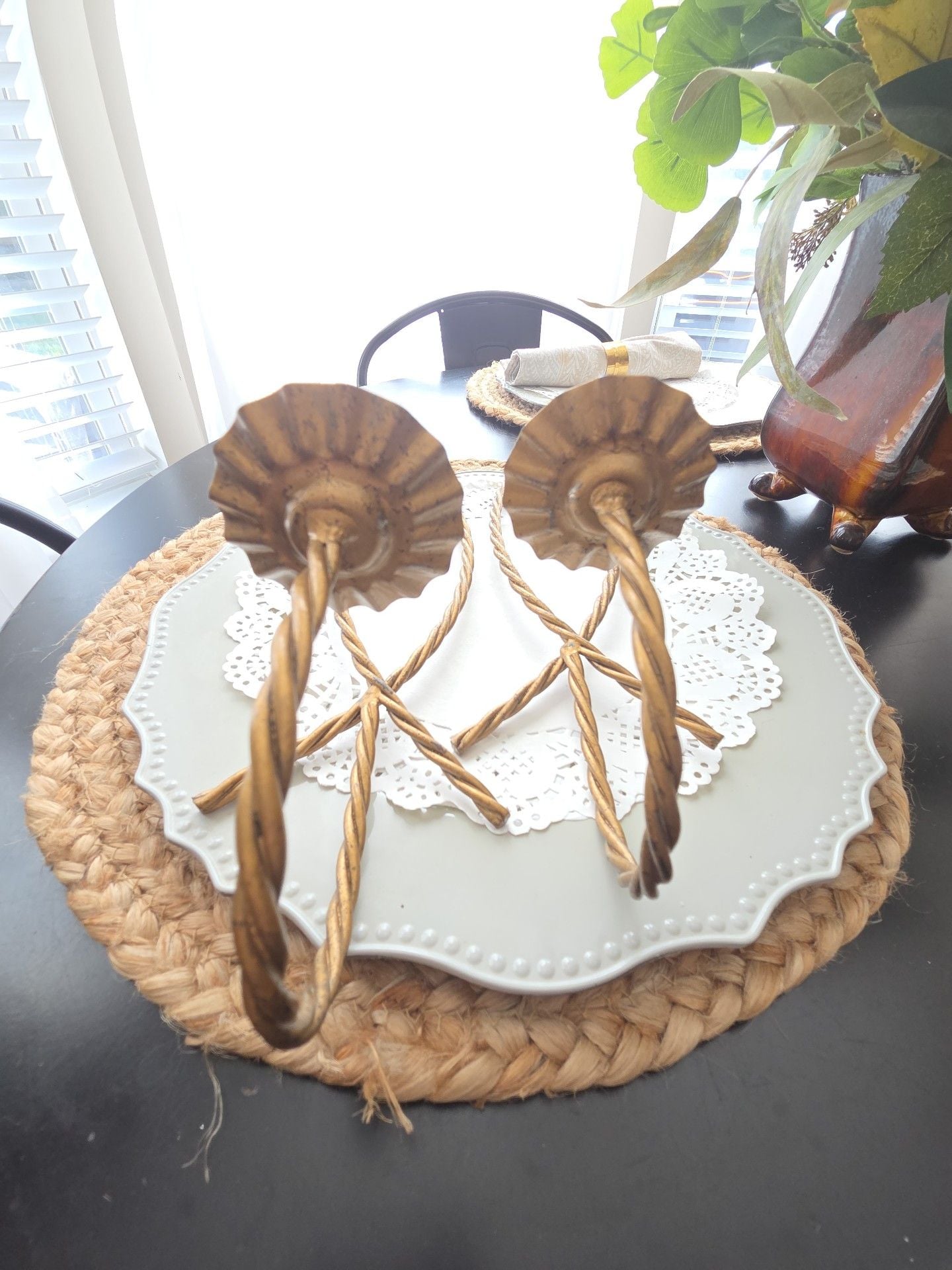 Vintage Gold Tone Twisted Rope Metal Wall Sconce Candle Holder Pair 2