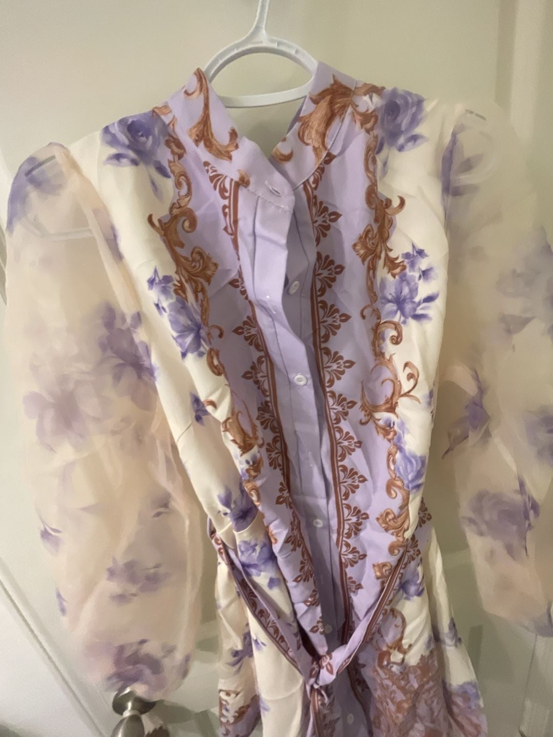 Zivah Lavender Autumn Elegant Tea Party Cocktail Evening Wedding Guest Plus Size Mini Shirt Dress French Palace Style Floral Print Sheer Mesh Lantern Sleeve 7