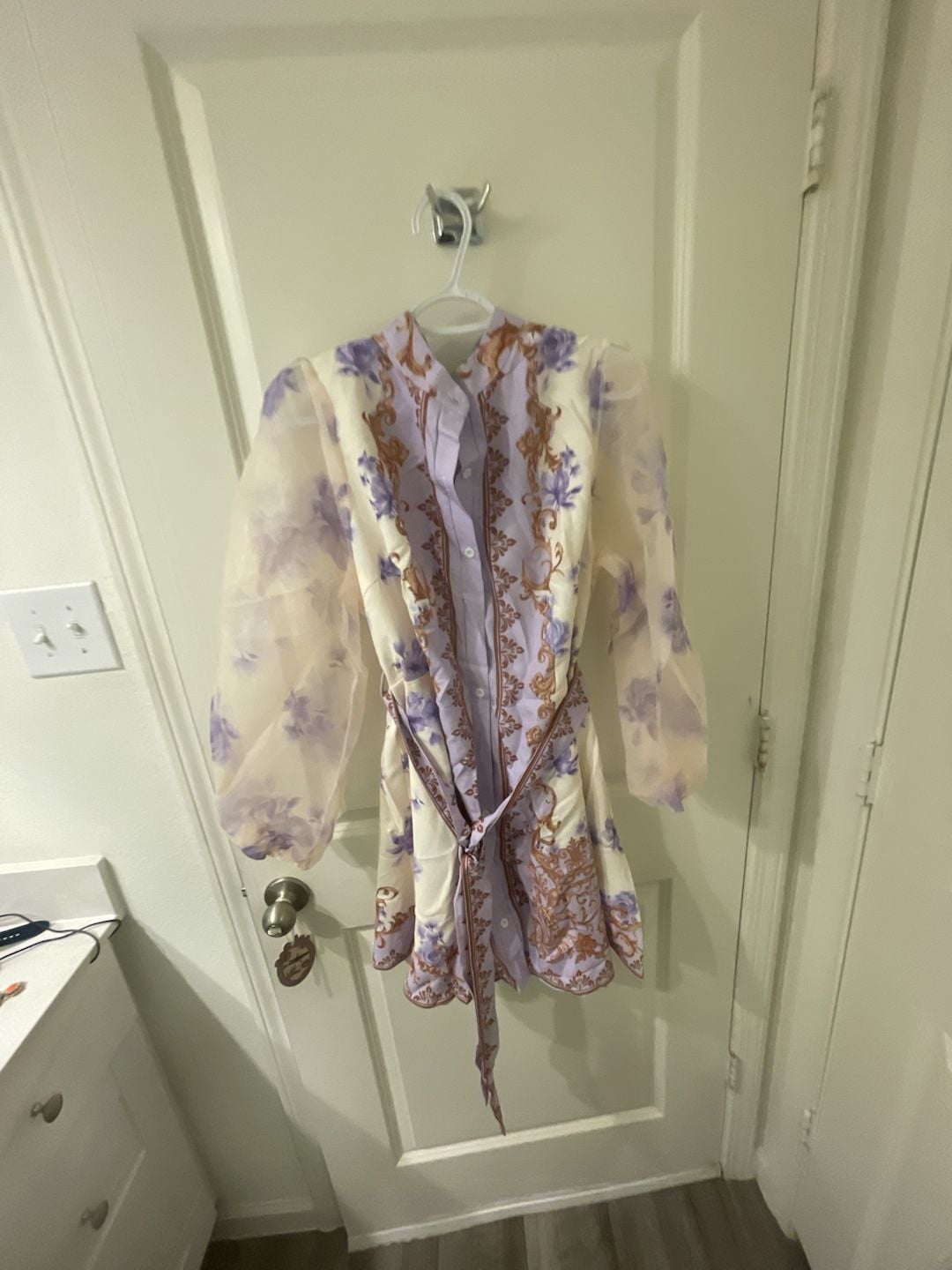Zivah Lavender Autumn Elegant Tea Party Cocktail Evening Wedding Guest Plus Size Mini Shirt Dress French Palace Style Floral Print Sheer Mesh Lantern Sleeve 8