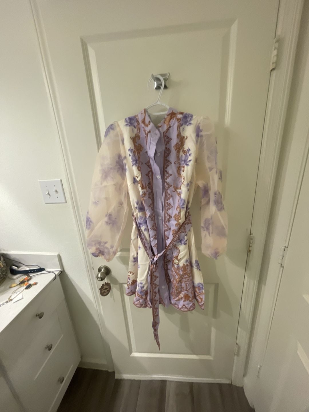 Zivah Lavender Autumn Elegant Tea Party Cocktail Evening Wedding Guest Plus Size Mini Shirt Dress French Palace Style Floral Print Sheer Mesh Lantern Sleeve 9