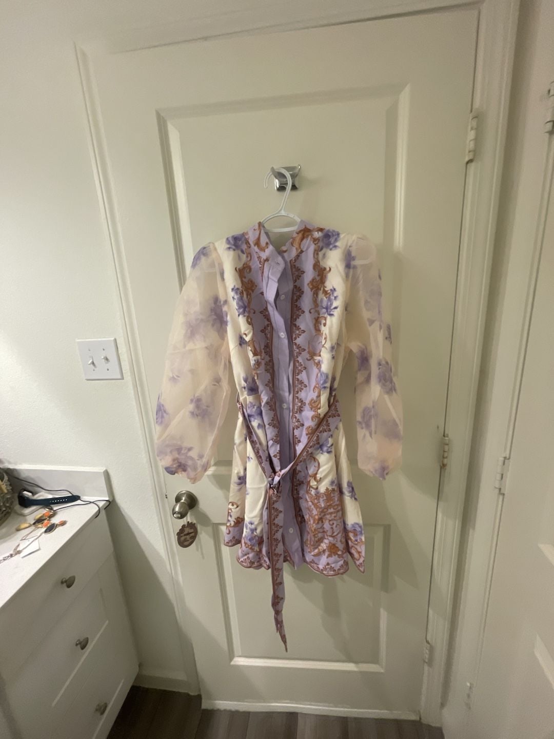 Zivah Lavender Autumn Elegant Tea Party Cocktail Evening Wedding Guest Plus Size Mini Shirt Dress French Palace Style Floral Print Sheer Mesh Lantern Sleeve 10