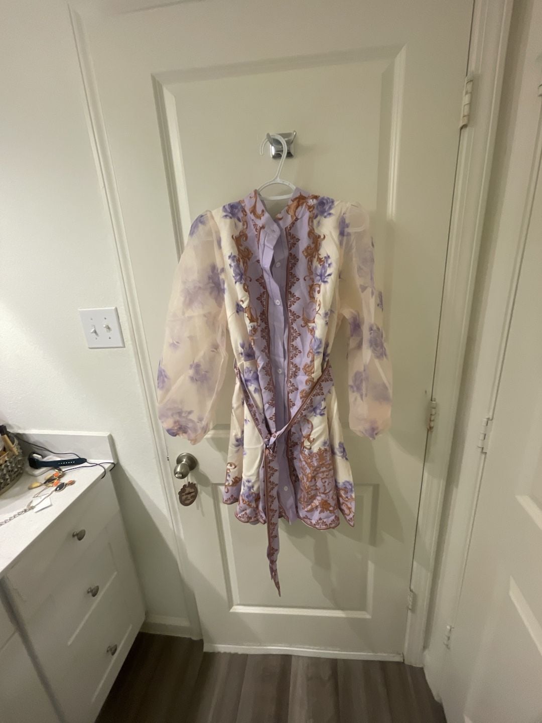 Zivah Lavender Autumn Elegant Tea Party Cocktail Evening Wedding Guest Plus Size Mini Shirt Dress French Palace Style Floral Print Sheer Mesh Lantern Sleeve 11
