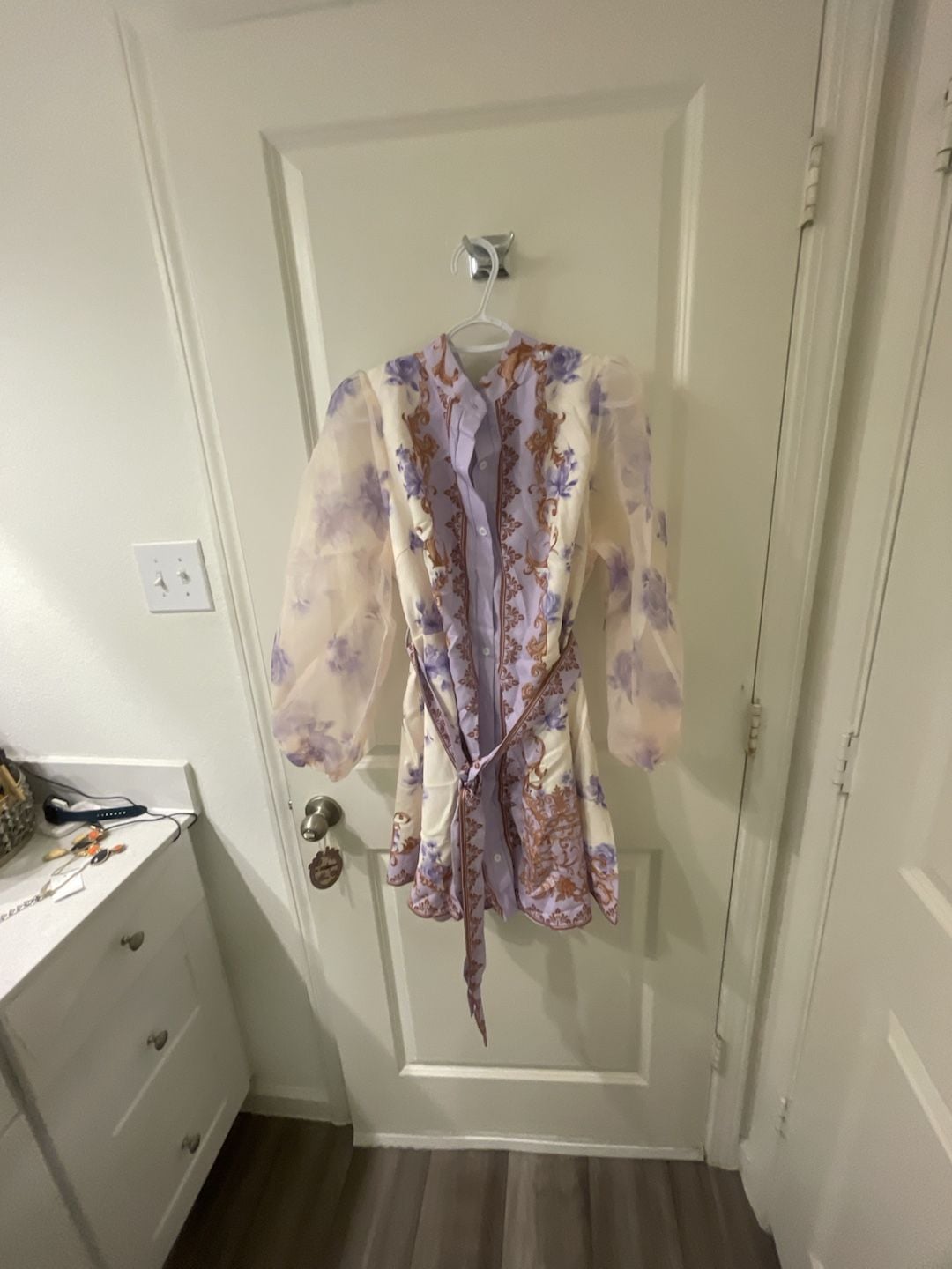Zivah Lavender Autumn Elegant Tea Party Cocktail Evening Wedding Guest Plus Size Mini Shirt Dress French Palace Style Floral Print Sheer Mesh Lantern Sleeve 12