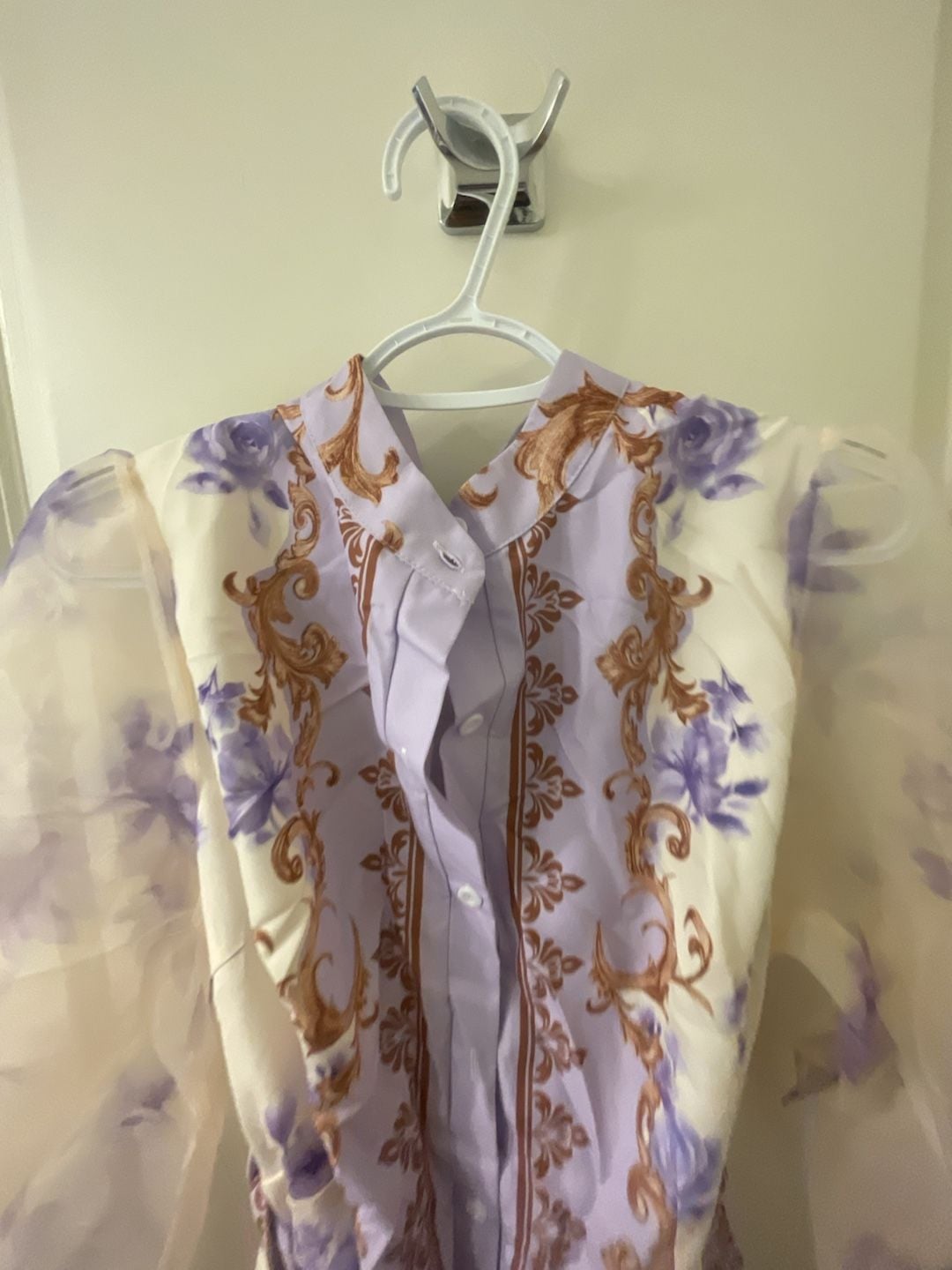 Zivah Lavender Autumn Elegant Tea Party Cocktail Evening Wedding Guest Plus Size Mini Shirt Dress French Palace Style Floral Print Sheer Mesh Lantern Sleeve 13