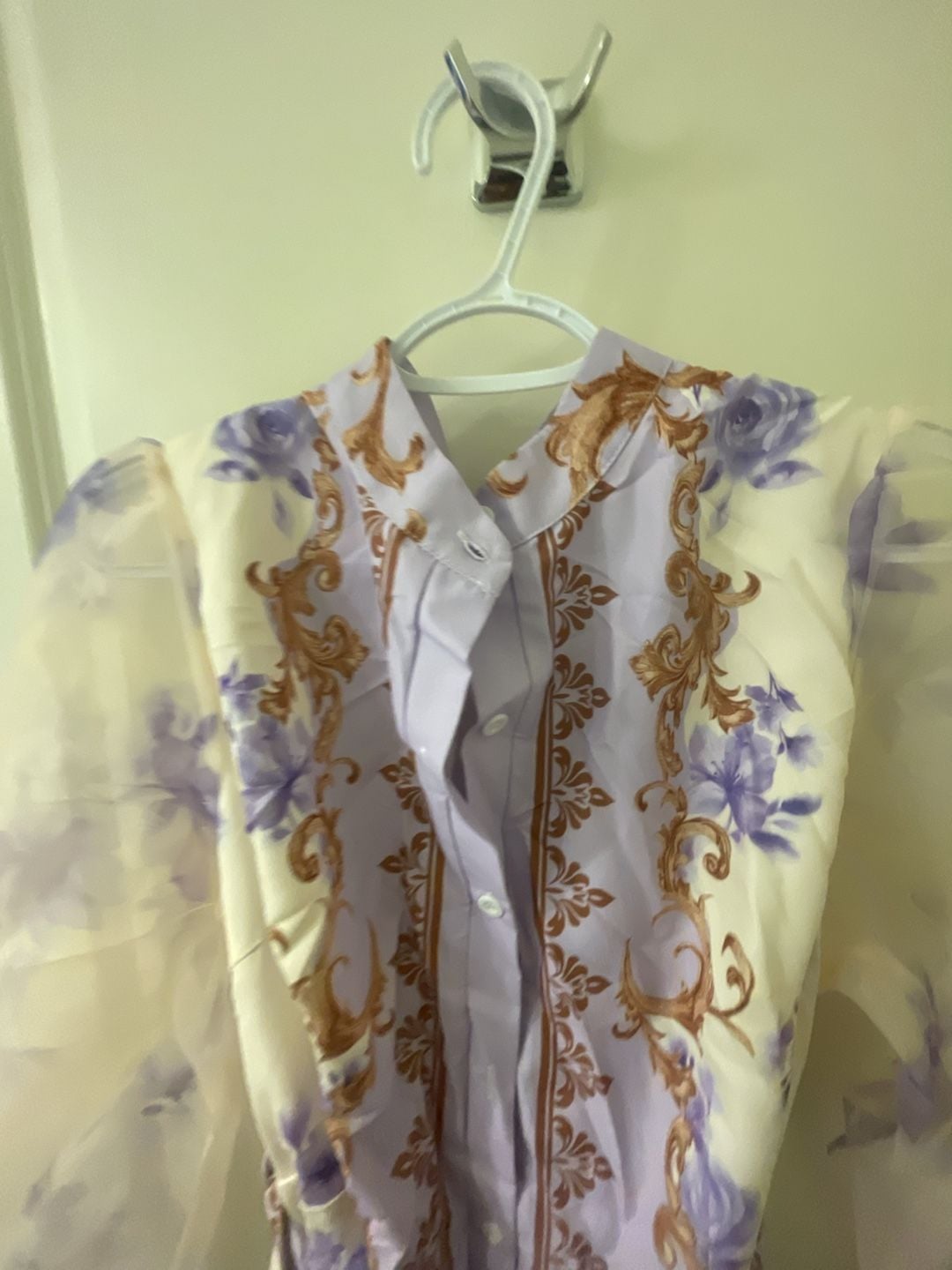 Zivah Lavender Autumn Elegant Tea Party Cocktail Evening Wedding Guest Plus Size Mini Shirt Dress French Palace Style Floral Print Sheer Mesh Lantern Sleeve 14