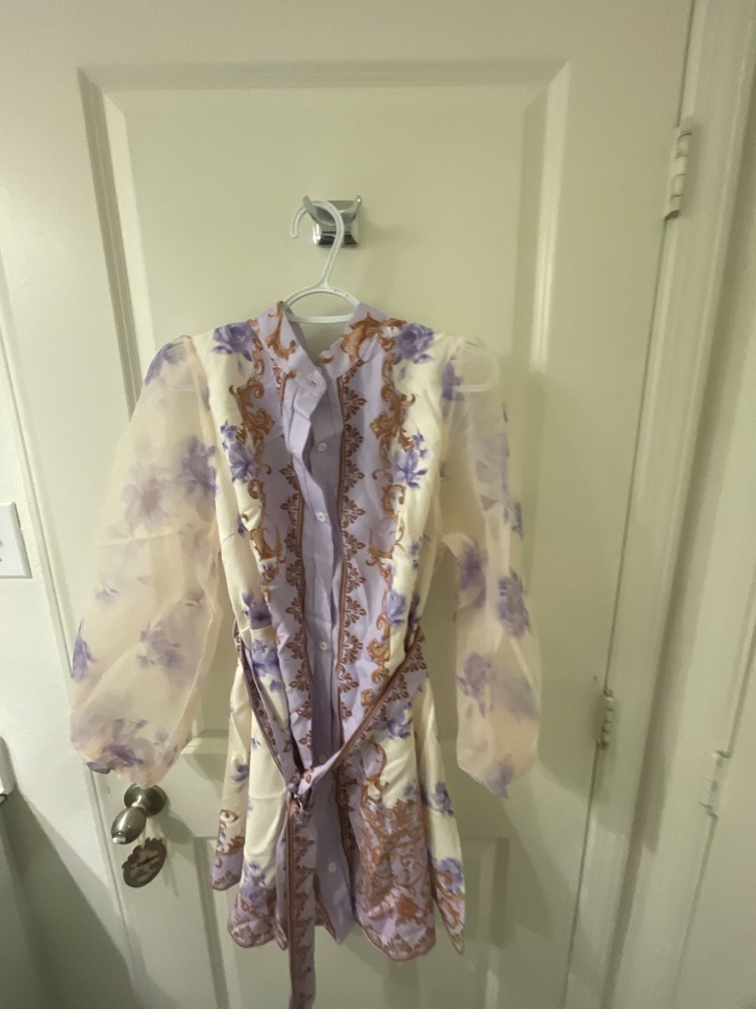 Zivah Lavender Autumn Elegant Tea Party Cocktail Evening Wedding Guest Plus Size Mini Shirt Dress French Palace Style Floral Print Sheer Mesh Lantern Sleeve 15