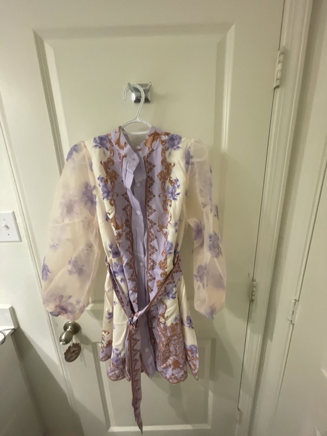 Zivah Lavender Autumn Elegant Tea Party Cocktail Evening Wedding Guest Plus Size Mini Shirt Dress French Palace Style Floral Print Sheer Mesh Lantern Sleeve 16