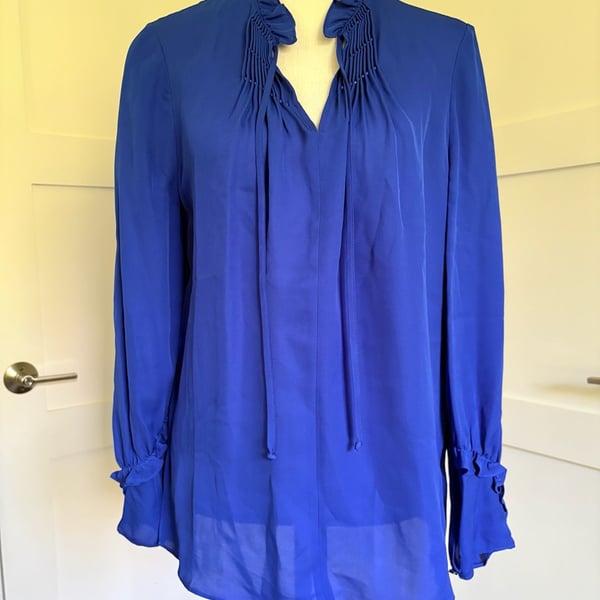 Kobi Halperin Silk Blouse Size M Blue Ruffle Neck Keyhole Long Sleeve