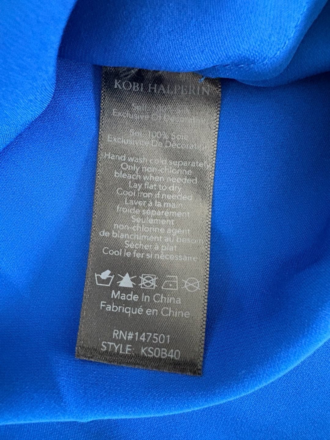 Kobi Halperin Silk Blouse Size M Blue Ruffle Neck Keyhole Long Sleeve 8