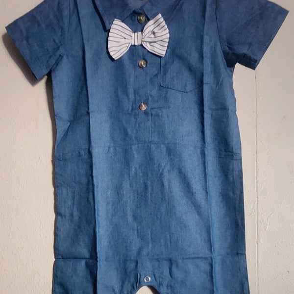 Baby Boy Gentleman Romper Size 92 Blue with Bowtie