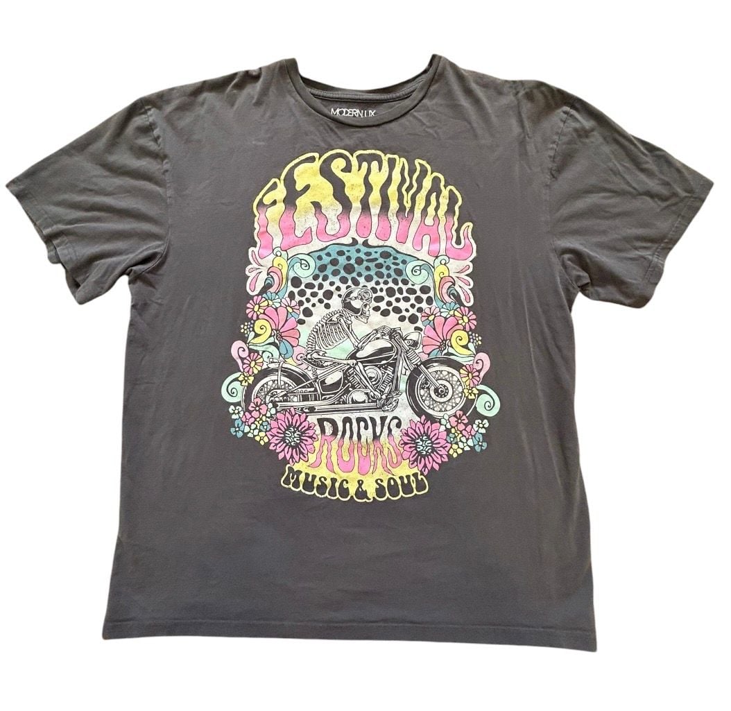 Modern Lux Festival Rocks Graphic T-Shirt L/XL Gray 100% Cotton 2