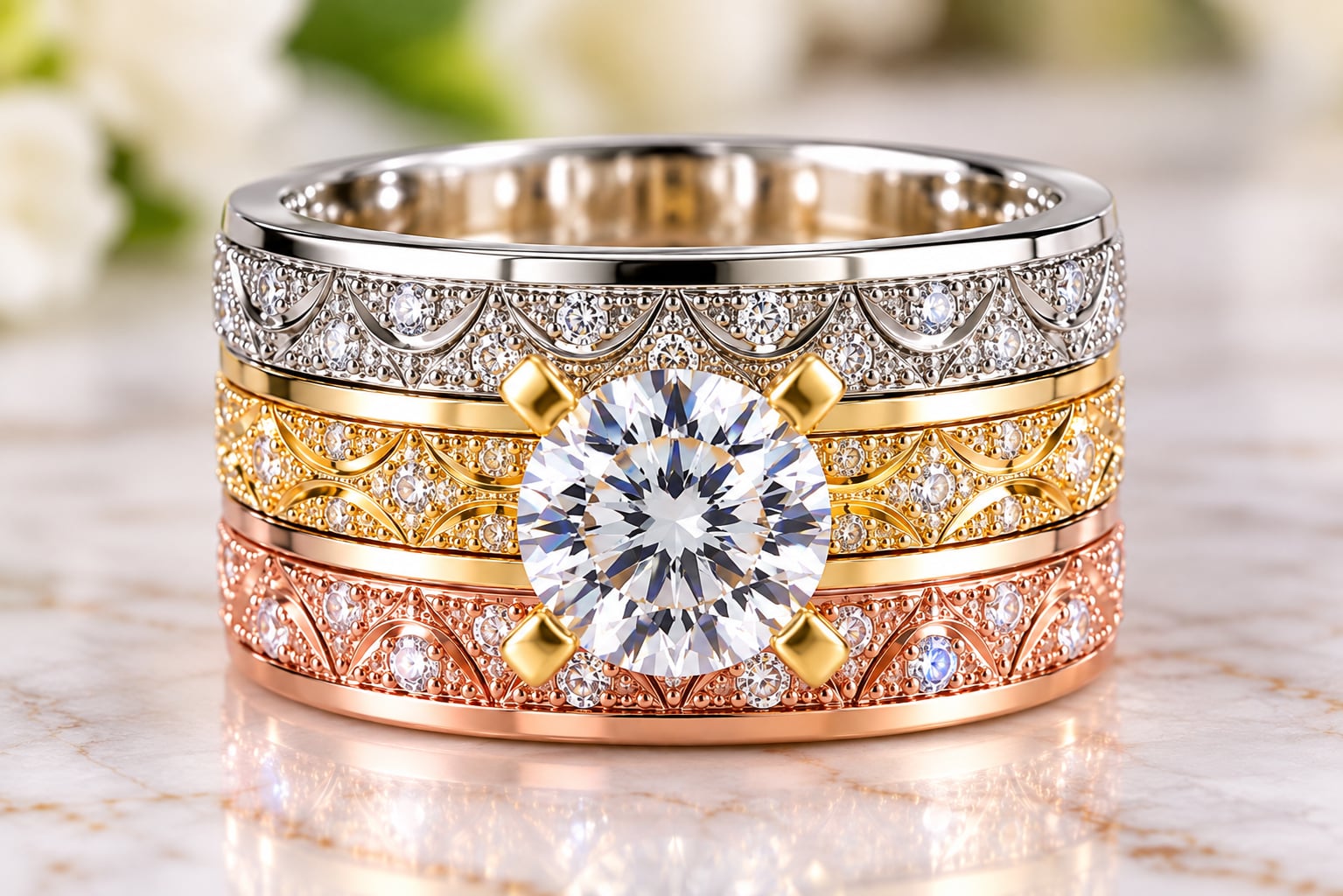Stunning 3-Tone Vintage-Inspired CZ Statement Ring 2