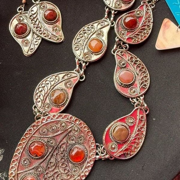 Vintage Ethnic Tribal Filigree Statement Necklace with Red Stones and matching earrings 