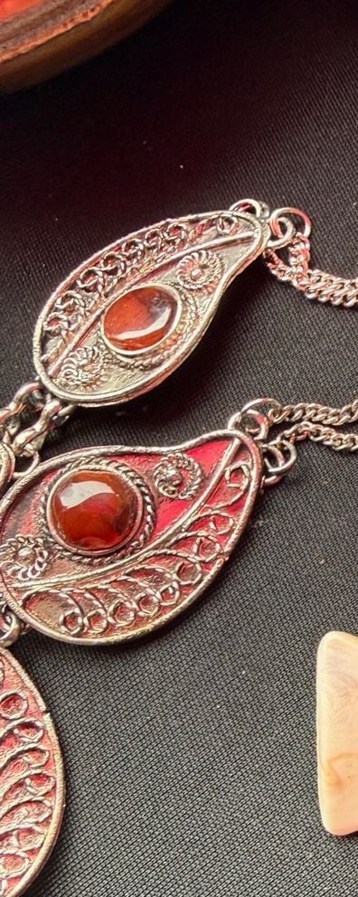Vintage Ethnic Tribal Filigree Statement Necklace with Red Stones and matching earrings 2