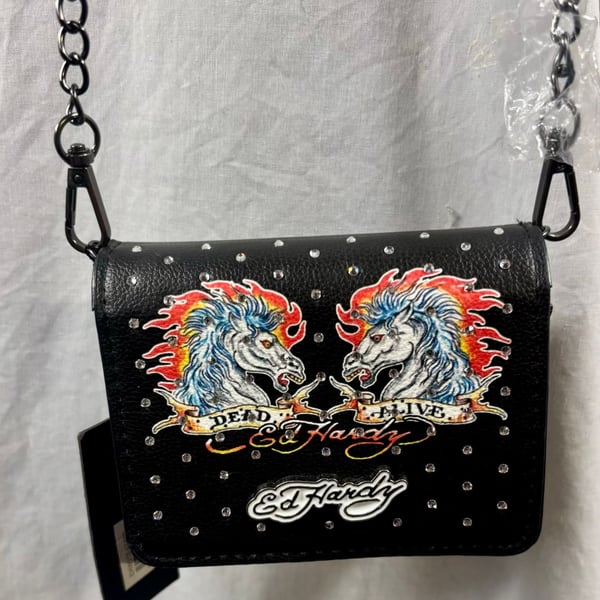 Ed Hardy Dead Or Alive Crossbody Wallet Black Rhinestone