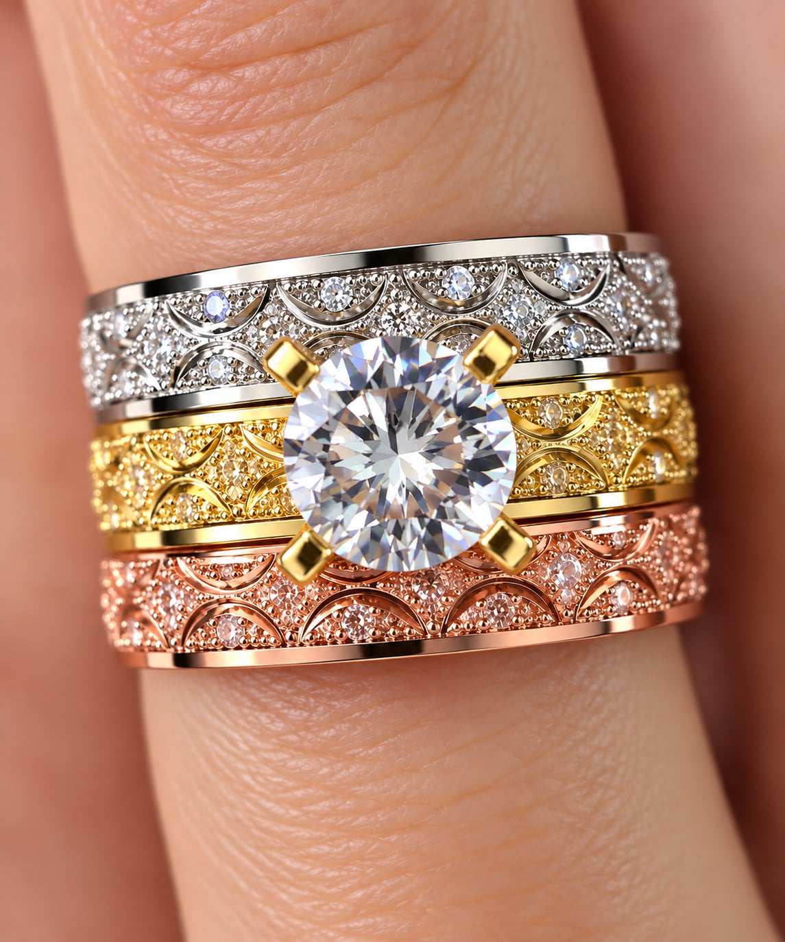 Stunning 3-Tone Vintage-Inspired CZ Statement Ring 4