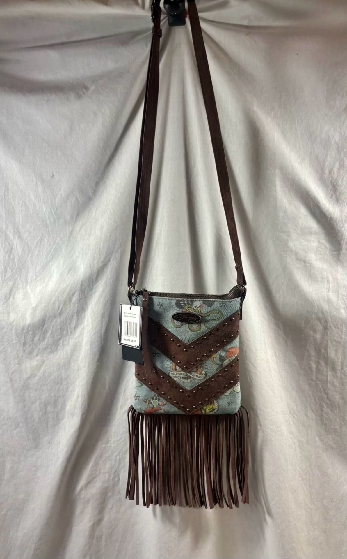 Ed Hardy Fringe Crossbody Bag Denim Brown 2