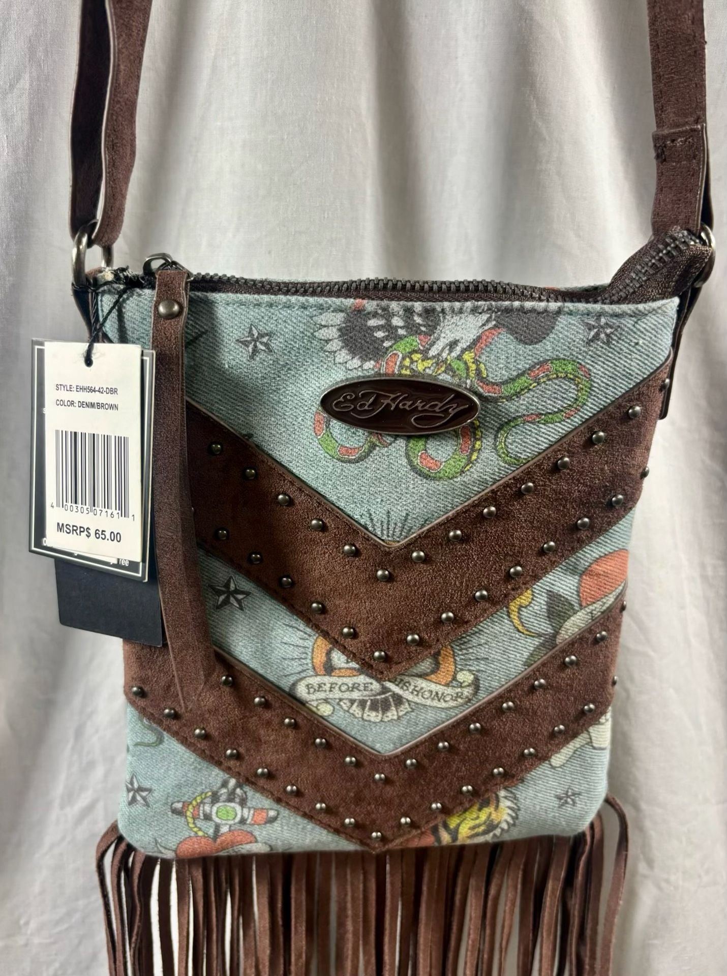 Ed Hardy Fringe Crossbody Bag Denim Brown 3