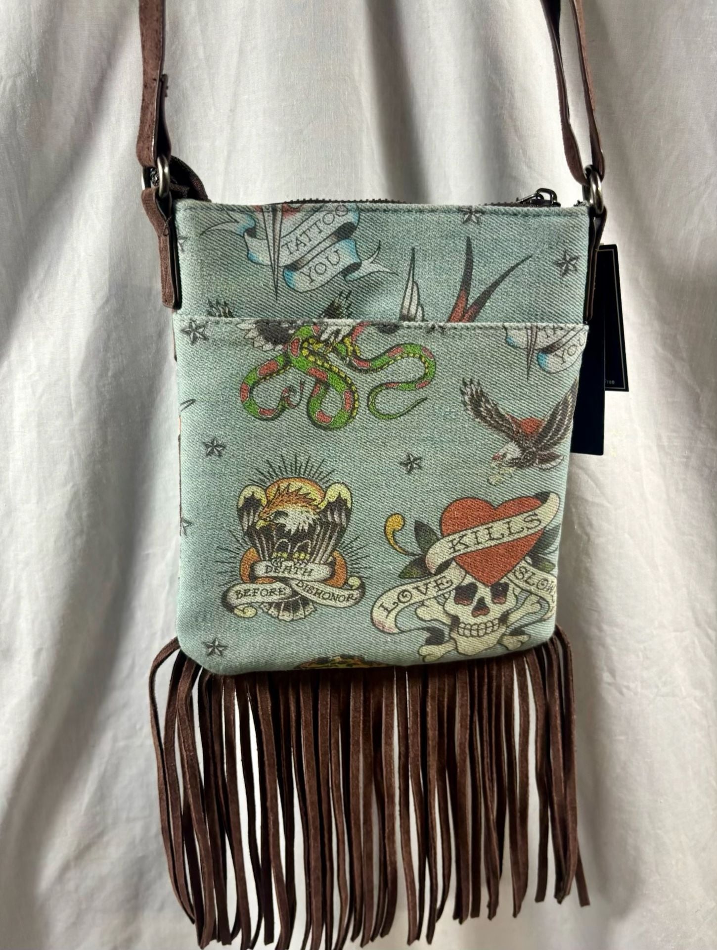 Ed Hardy Fringe Crossbody Bag Denim Brown 4
