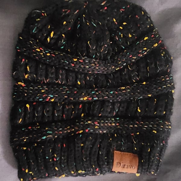 Diravo Beanie Black Confetti Speckled Winter Slouchy Cable Knit Hat