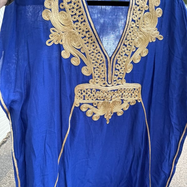 Vintage  Moroccan Kaftan Dress Blue Gold Embroidered