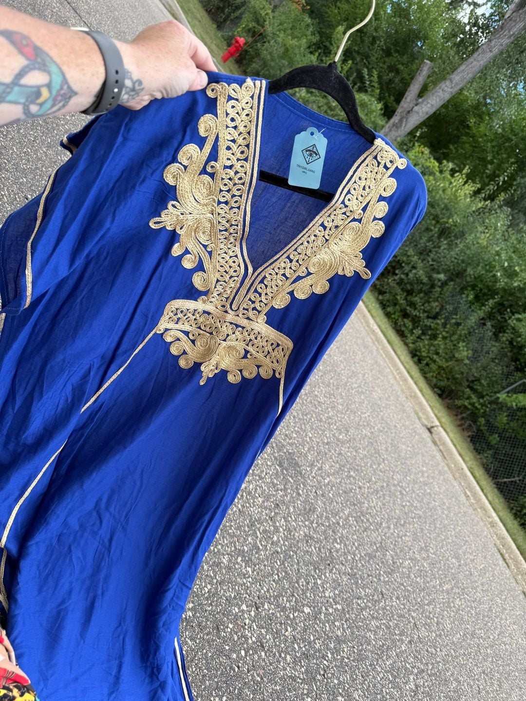 Vintage Moroccan Kaftan Dress Blue Gold Embroidered 4