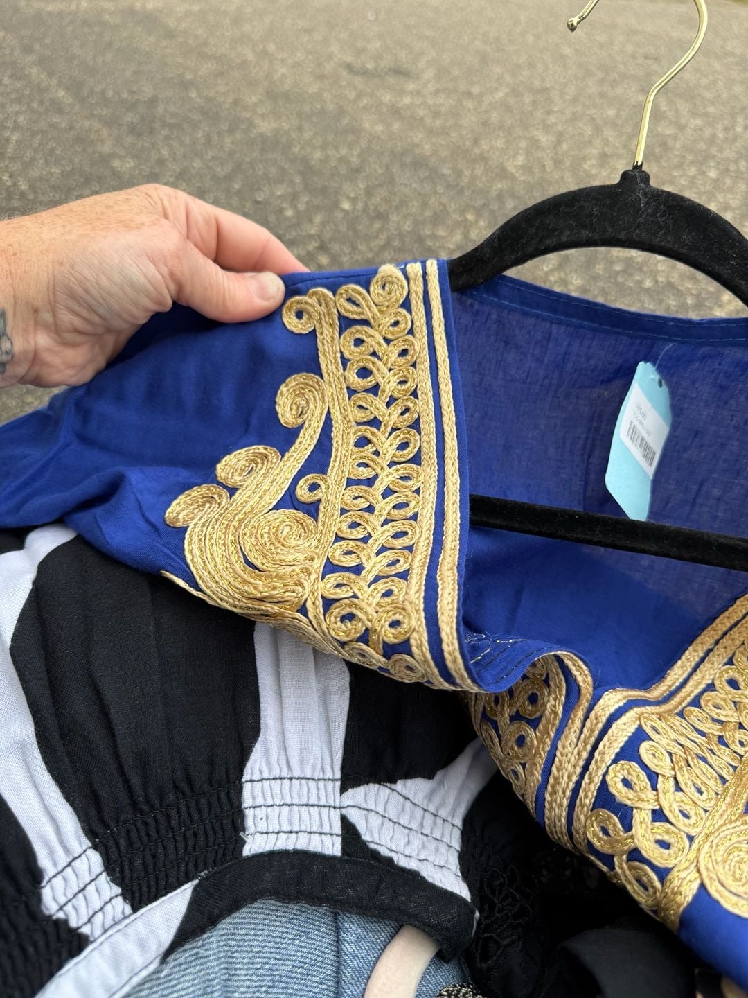 Vintage Moroccan Kaftan Dress Blue Gold Embroidered 6