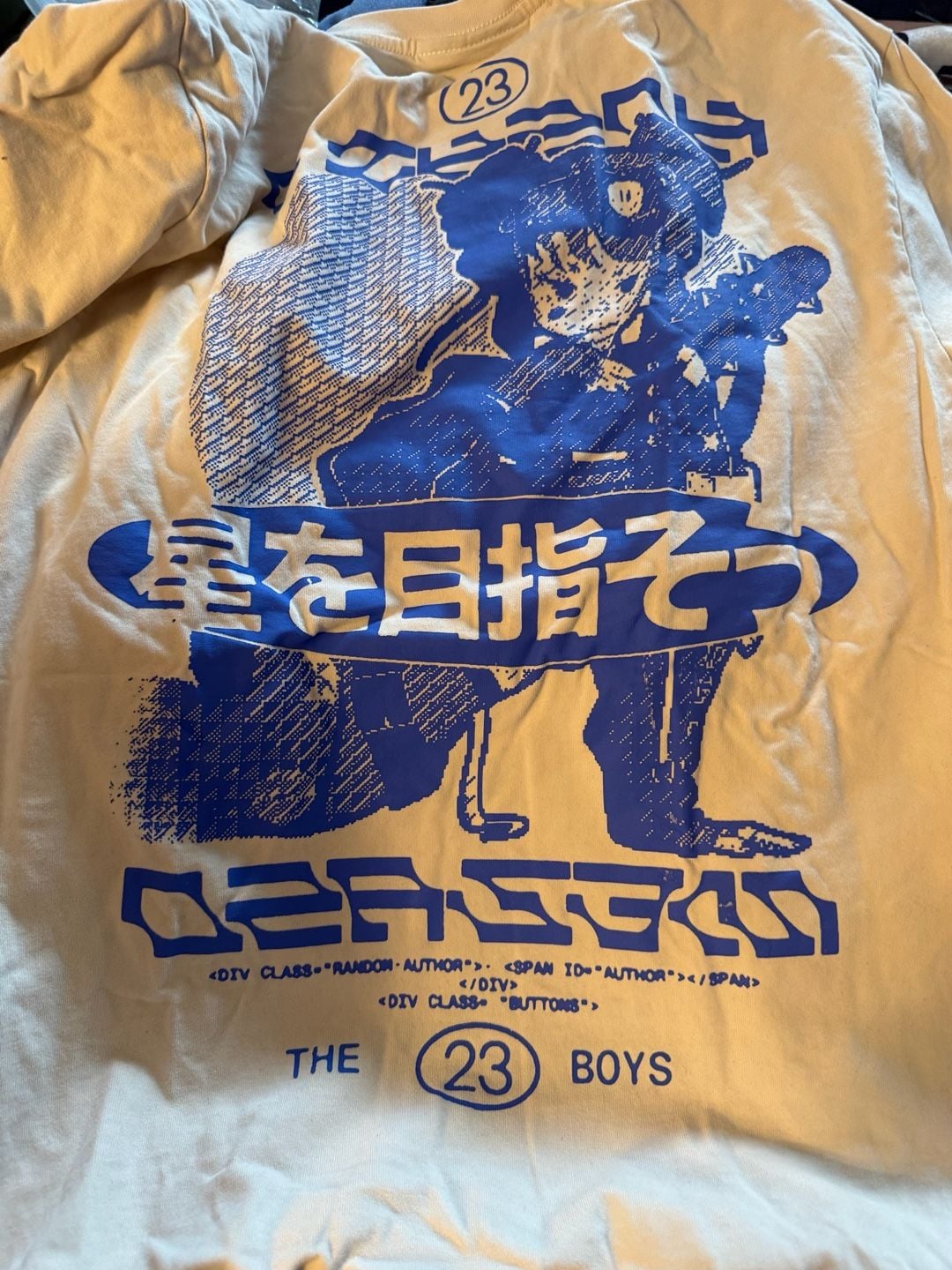 The 23 Boys Graphic T-Shirt Size Small Off White Blue Techwear Anime 4