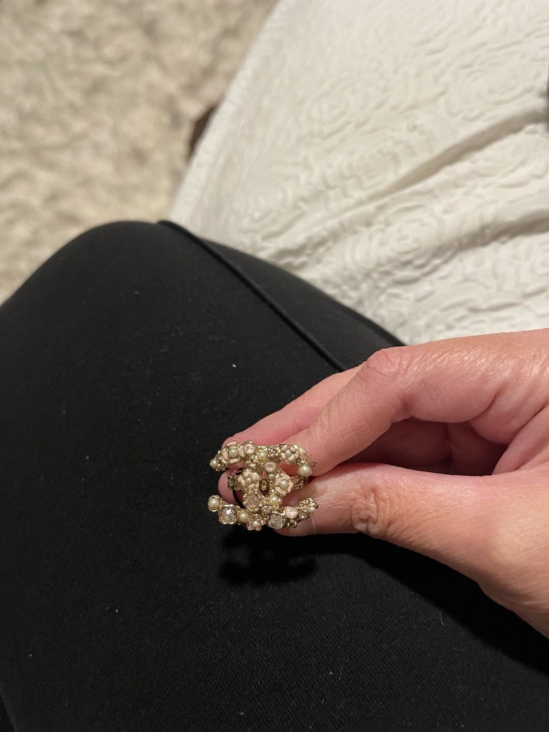 Chanel CC Logo Ring Pearl Crystal Gold-Tone 7