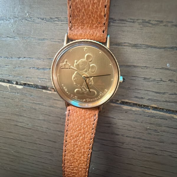 Lorus Mickey Mouse Gold Medallion Quartz Watch Brown Leather Strap