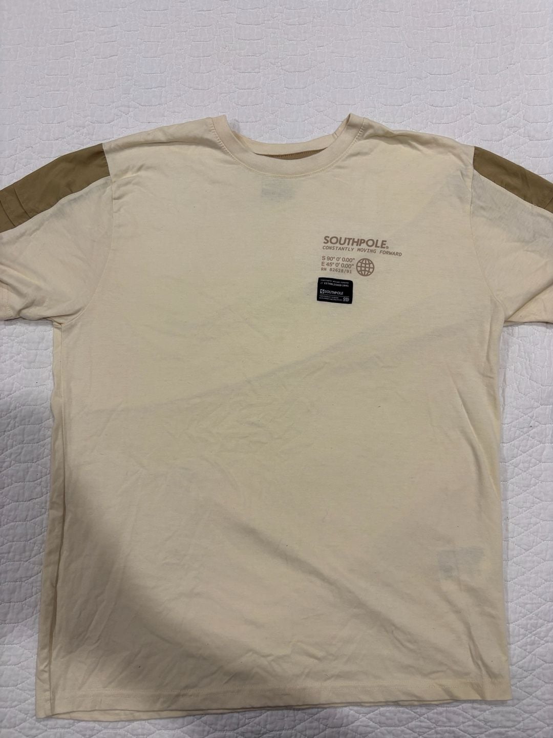Southpole Men’s XL Cream T-Shirt Brown Shoulder Panels Graphic Tee 2