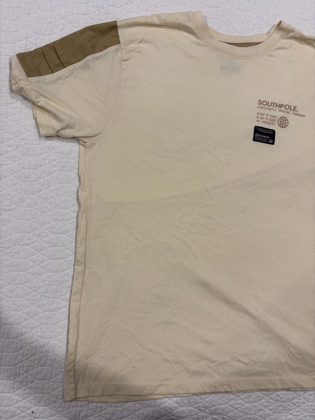 Southpole Men’s XL Cream T-Shirt Brown Shoulder Panels Graphic Tee 3