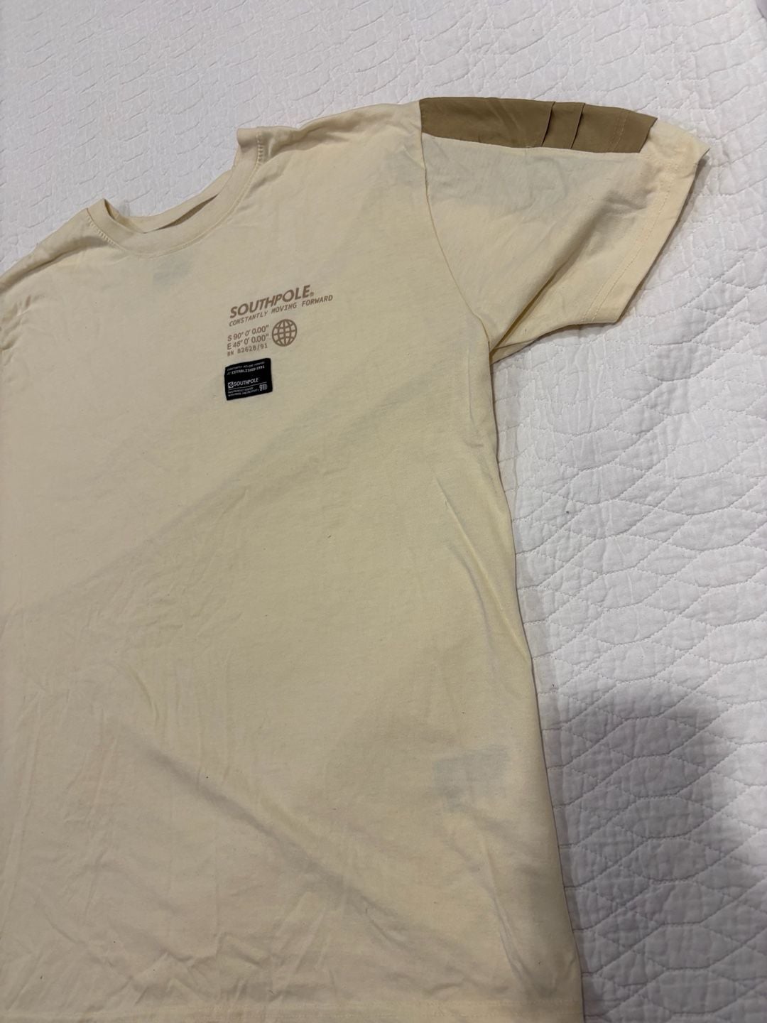 Southpole Men’s XL Cream T-Shirt Brown Shoulder Panels Graphic Tee 4