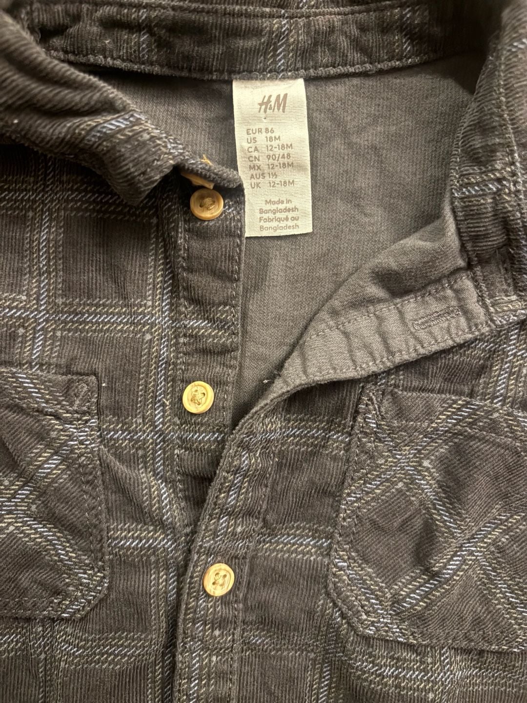 H&M Corduroy Plaid Button Down Shirt Size 18M Charcoal 3