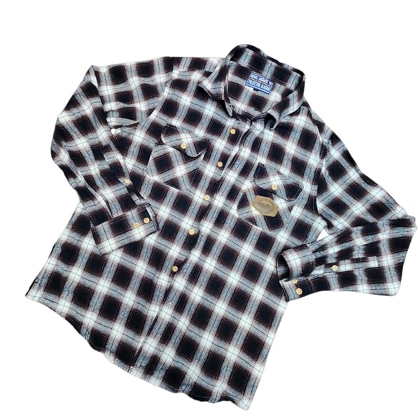 Denali Brewing Co. Flannel Shirt Black White Plaid Long Sleeve Button Up