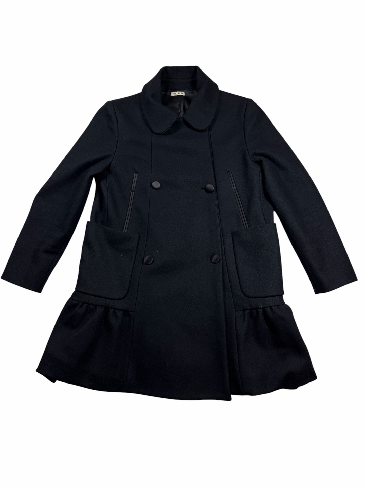 Miu Miu Wool Silk Ruffle Peplum Coat Black Size 40 Italy Double Breasted 2