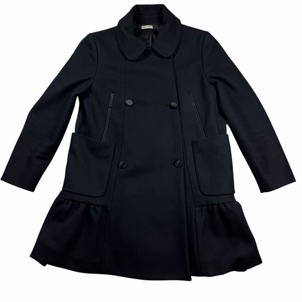 Miu Miu Wool Silk Ruffle Peplum Coat Black Size 40 Italy Double Breasted