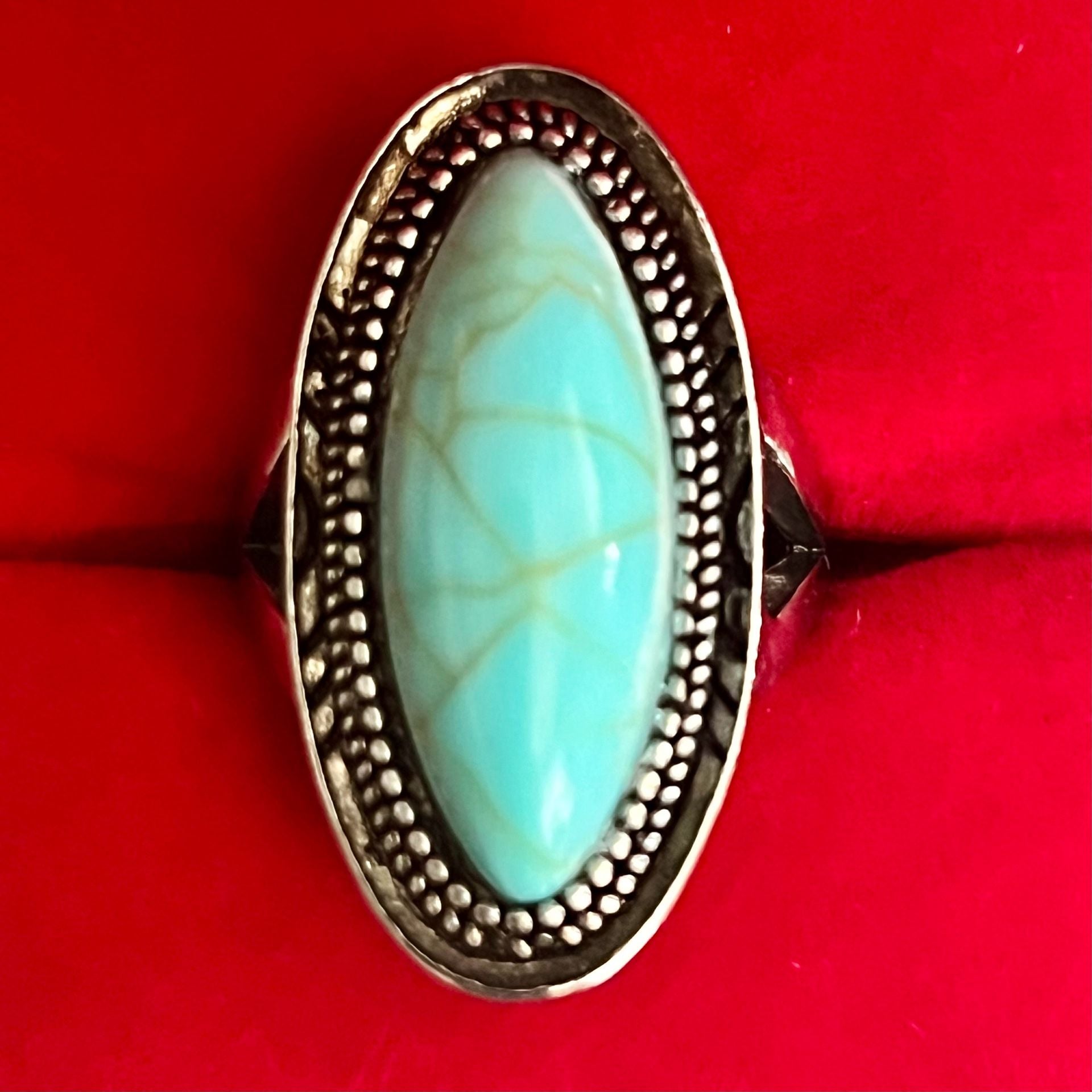 Southwestern Titanium Steel Silver Turquoise Oval Statement Ring Size 8 1