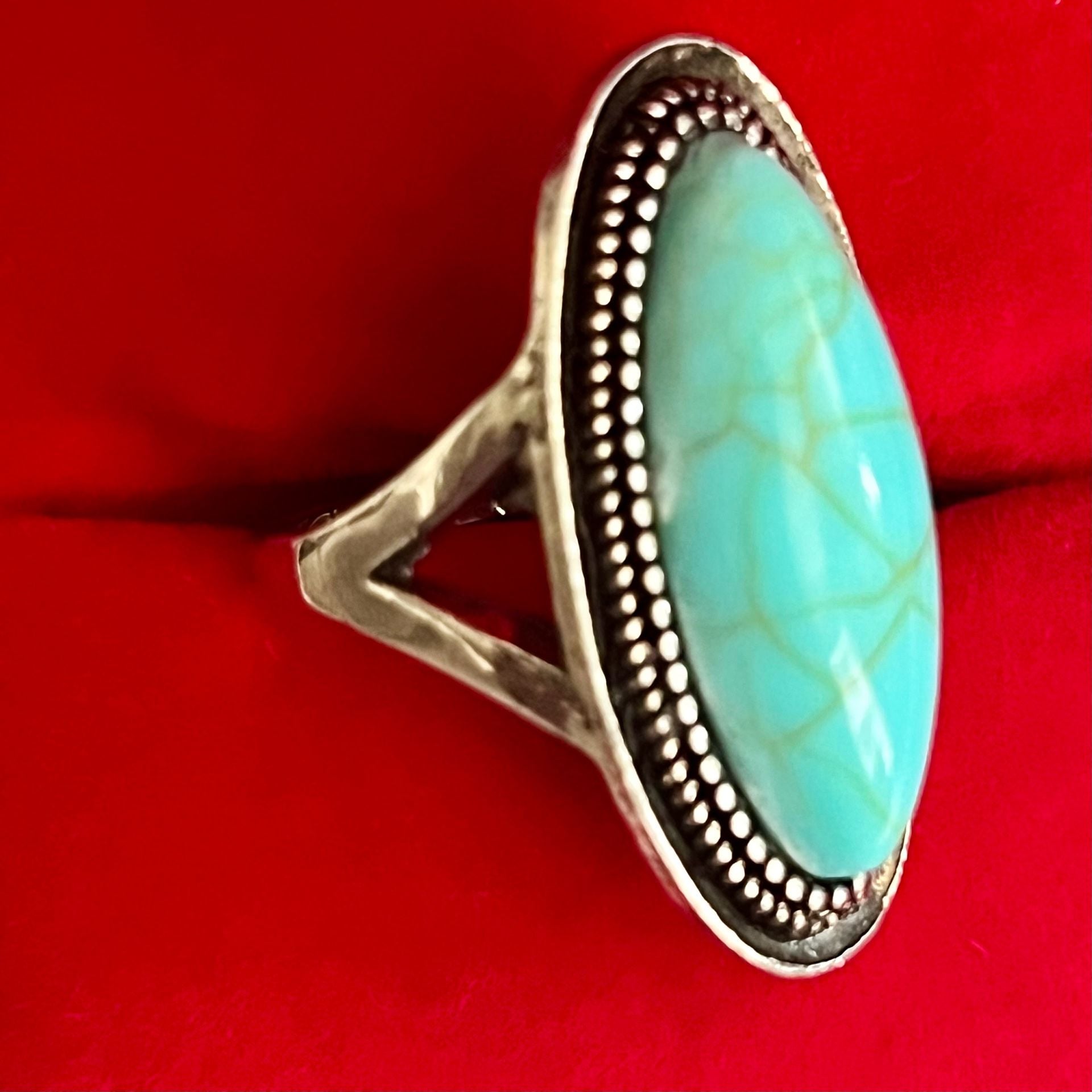 Southwestern Titanium Steel Silver Turquoise Oval Statement Ring Size 8 3