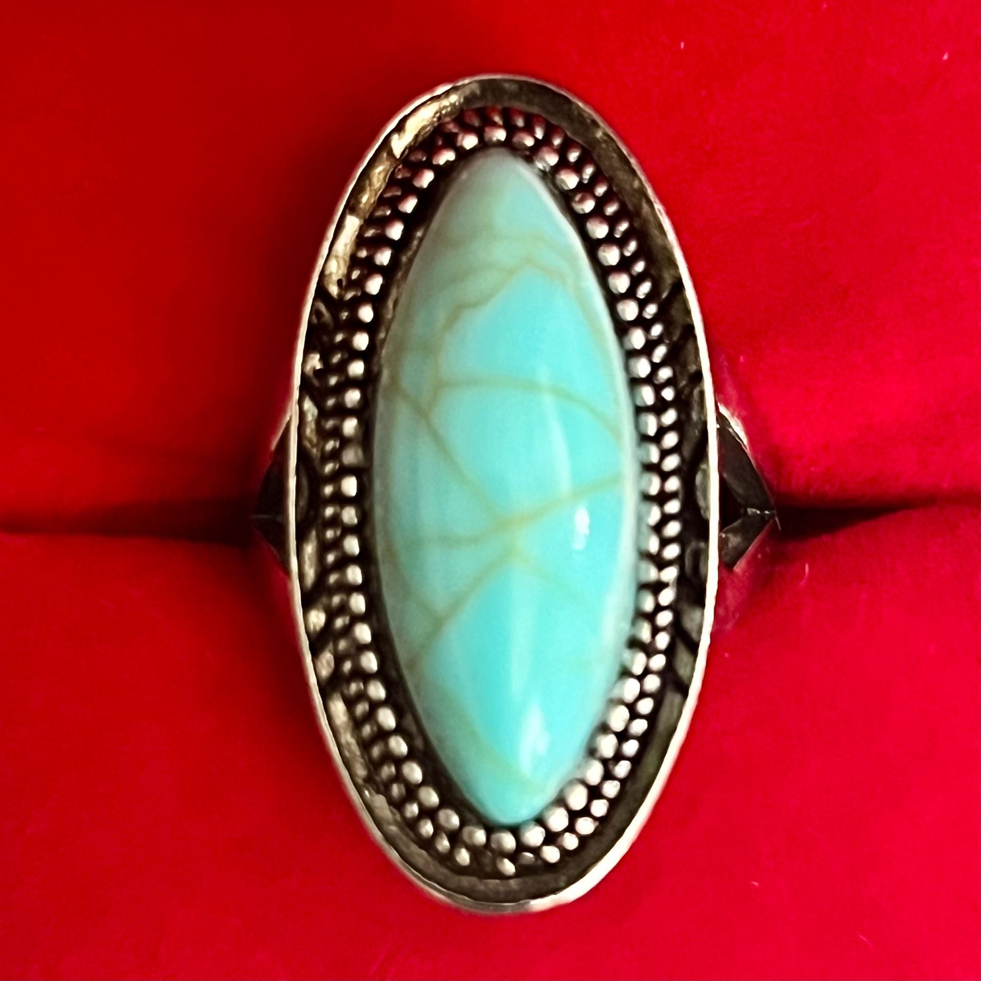 Southwestern Titanium Steel Silver Turquoise Oval Statement Ring Size 8 4