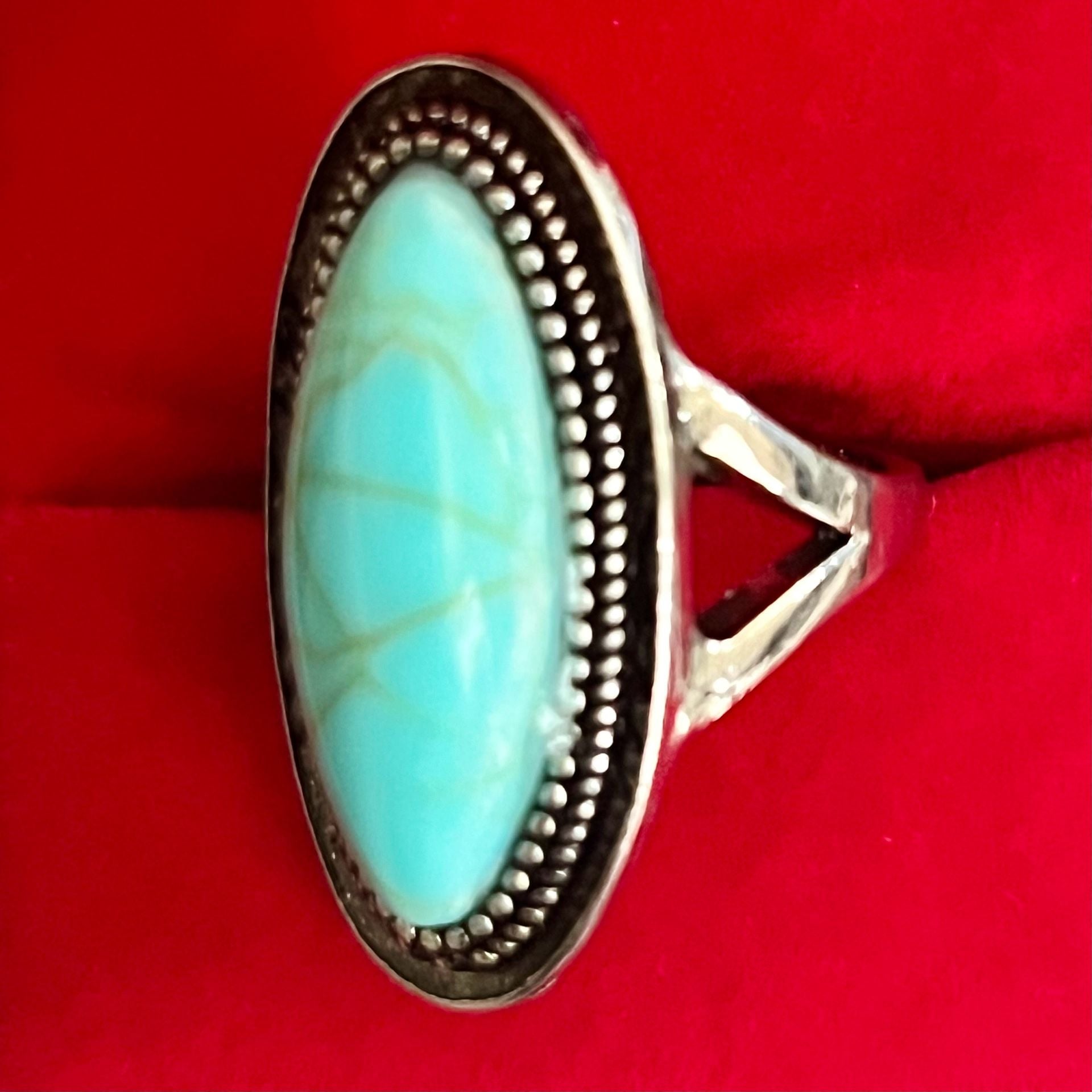 Southwestern Titanium Steel Silver Turquoise Oval Statement Ring Size 8 5