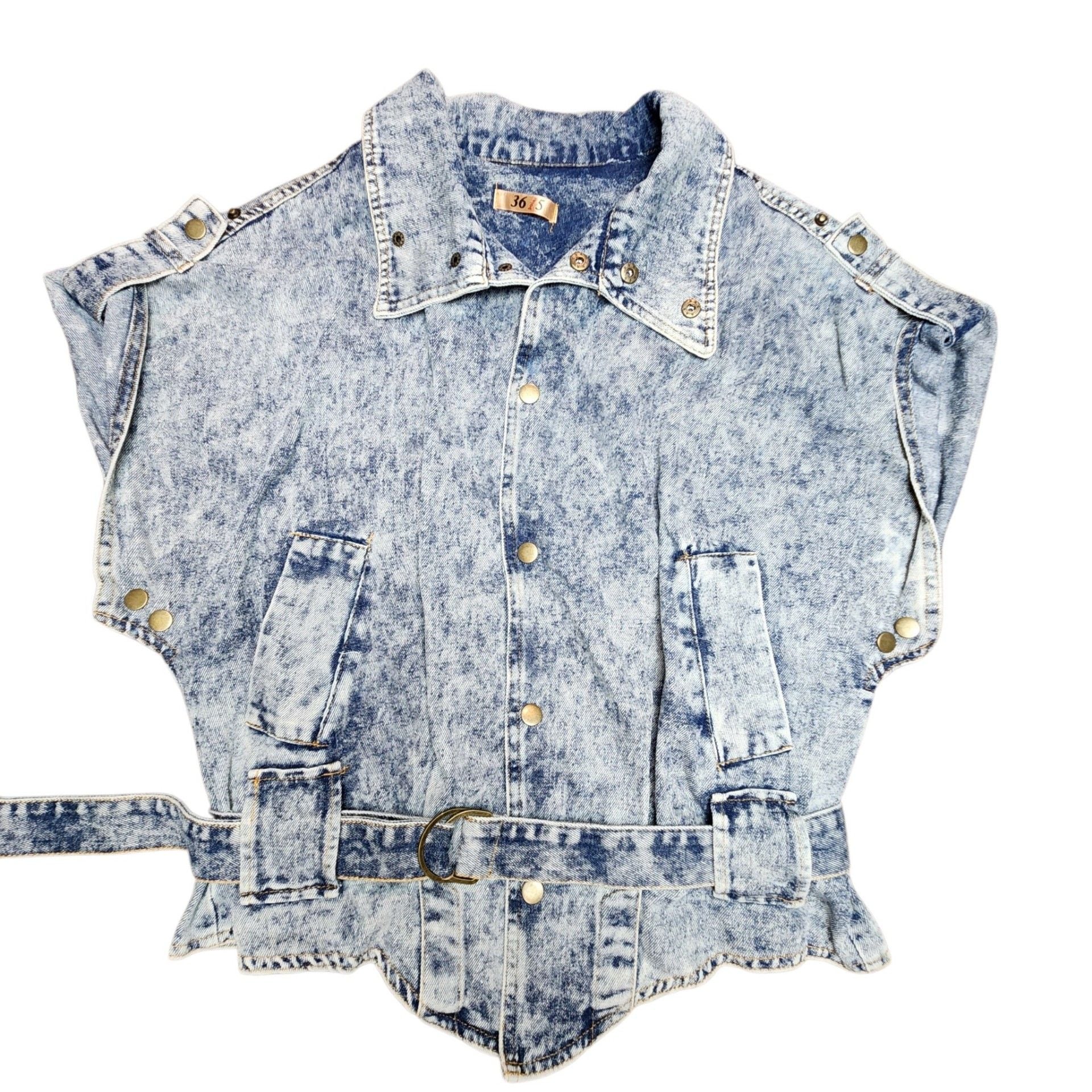 36Point5 Acid Wash Denim Vest Size S Belted Studded Sleeveless Jacket 2